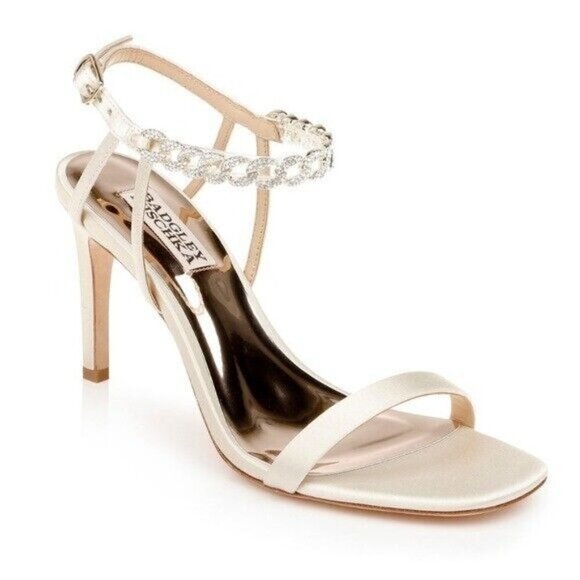 BADGLEY MISCHKA Kai Stiletto Satin Open Toe Rhinestone Ivory Heels Size 10 - Picture 1 of 8